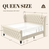 HISOFT Queen Bed Frame, 39" Tall Velvet Upholstered Sleigh Bed with Wingback Headboard & Scroll Footboard, No Box Spring Needed, Sturdy Support, Easy Assembly, Noise Free, Button Tufted, White HISOFT