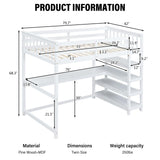 Merax Twin Size White Wood Loft Bed with Under-Bed Desk and 4 Storage Shelves Merax