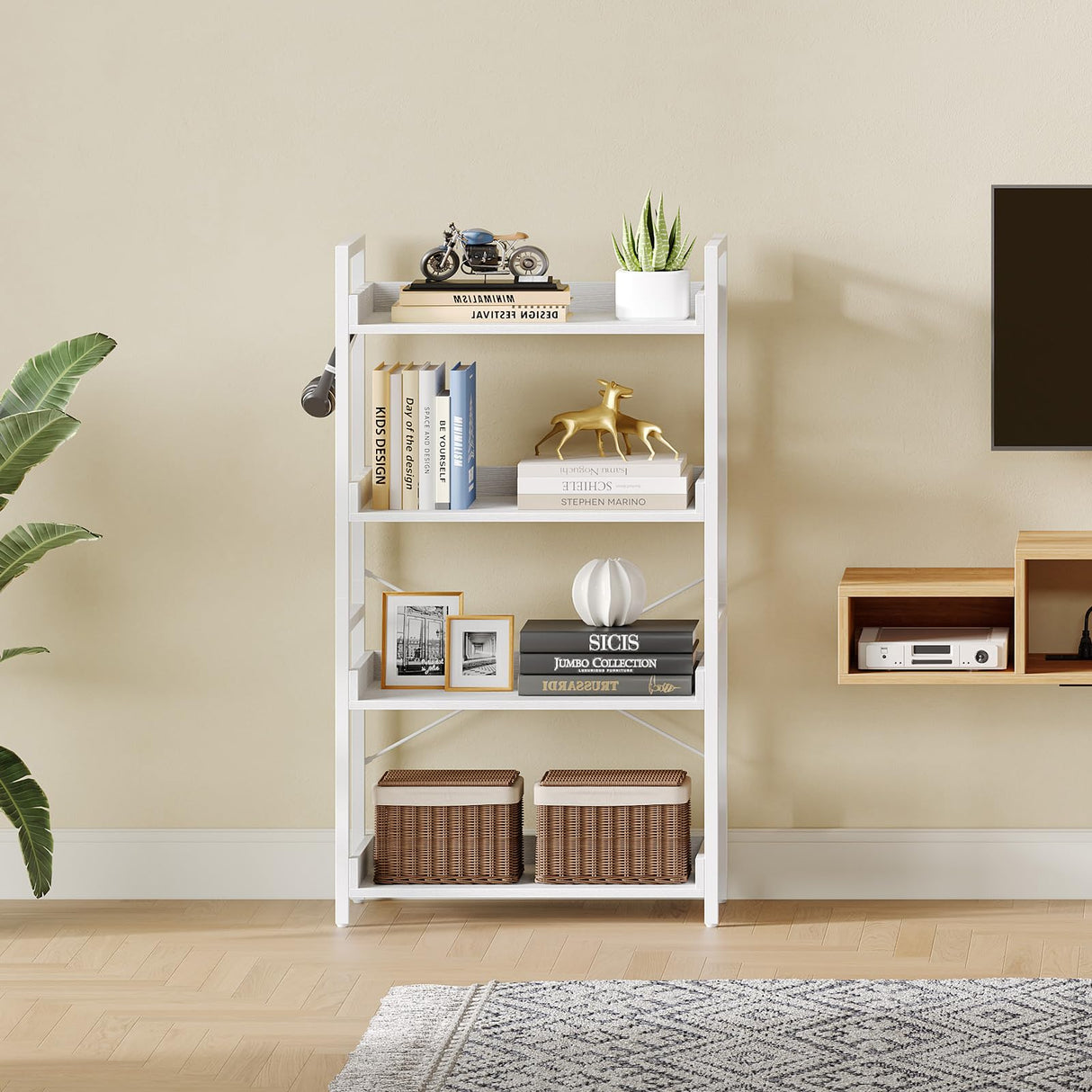 Rolanstar Bookshelf 4 Tier with 4 Hooks, Industrial Wood Bookcase, Vintage Storage Rack with Open Shelves, Rustic Standing Bookshelves Metal Frame Display Rack for Living Room, Bedroom, White Rolanstar
