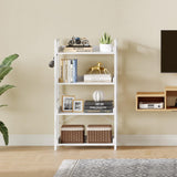 Rolanstar Bookshelf 4 Tier with 4 Hooks, Industrial Wood Bookcase, Vintage Storage Rack with Open Shelves, Rustic Standing Bookshelves Metal Frame Display Rack for Living Room, Bedroom, White Rolanstar