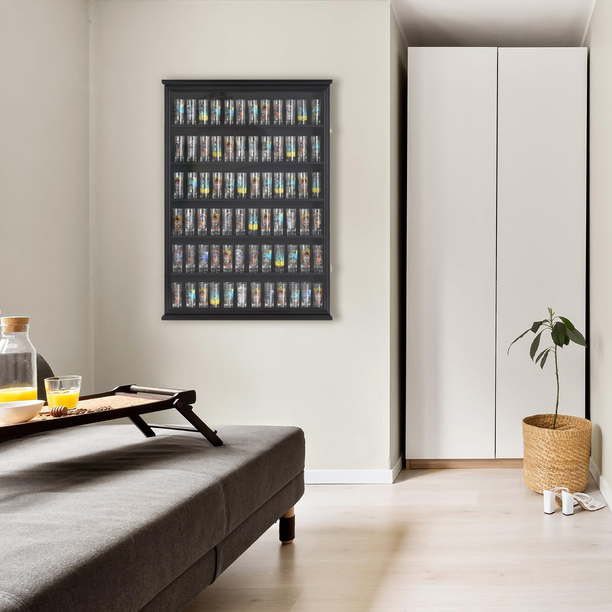 Large 144 Shot Glass Display Case Rack Solid Wood Cabinet Holder Wall Curio Cabinet Shadow Box for Action Figures Small Figurines - Lockable with UV WoodArtSupply