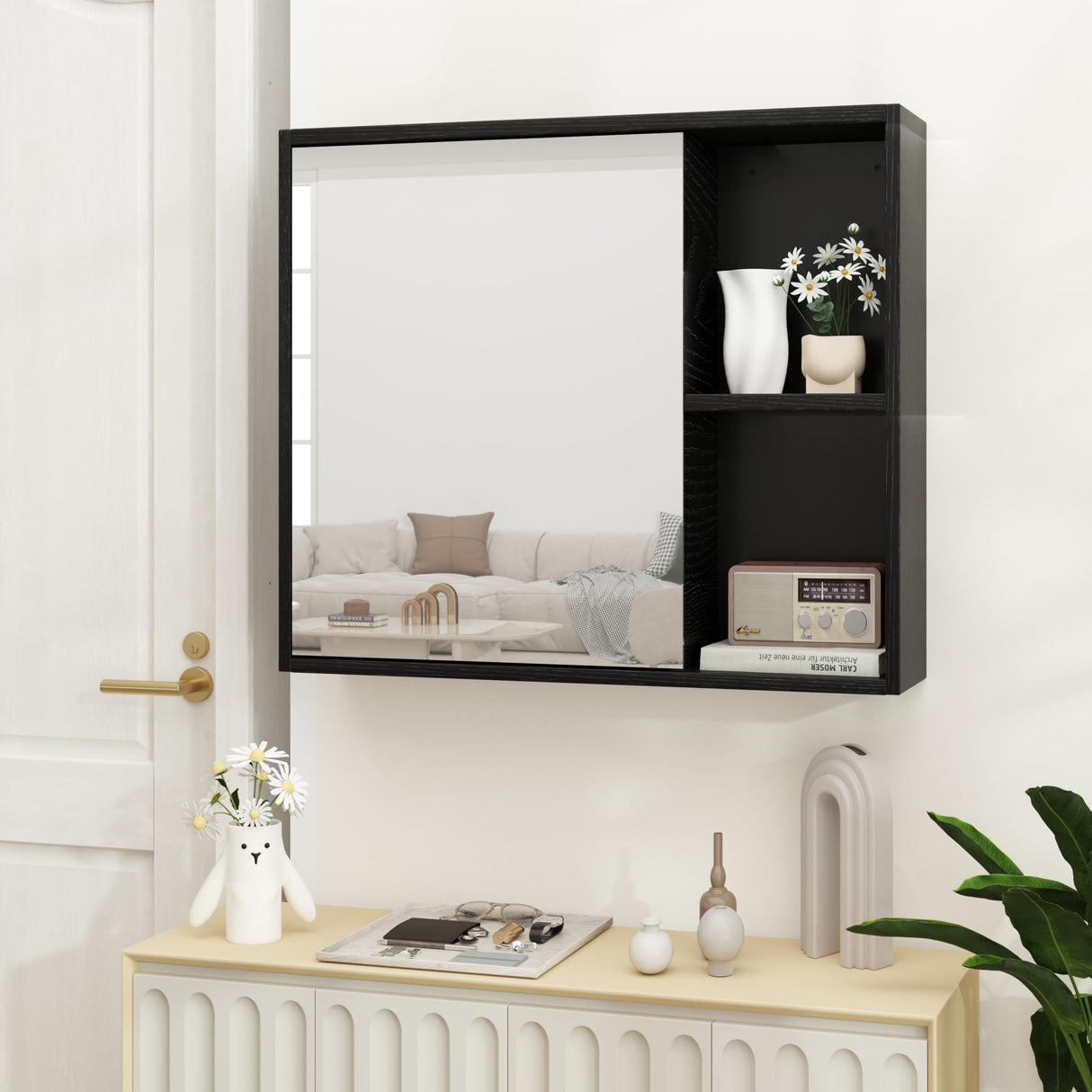 Giantex Medicine Cabinet, Bathroom Wall Cabinet with Mirror Door, 2 Adjustable Shelves, 2 Open Shelves, Vanity Mirrored Cabinet, Over The Toilet Storage Cabinet for Laundry Room Entryway, Black Giantex