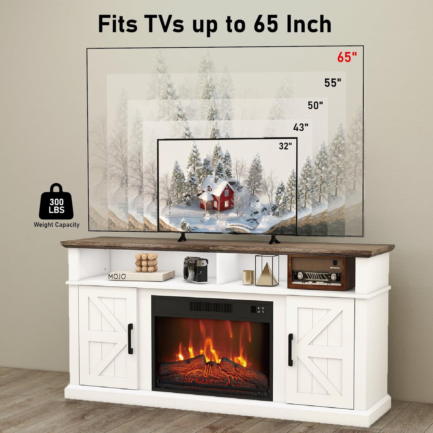 Luban Nese Fireplace TV Stand for TVs Up to 65" with 23" Electric Fireplace, Entertainment Center with Storage Cabinet and Open Shelves, Media Console with Barn Doors for Living Room (White)