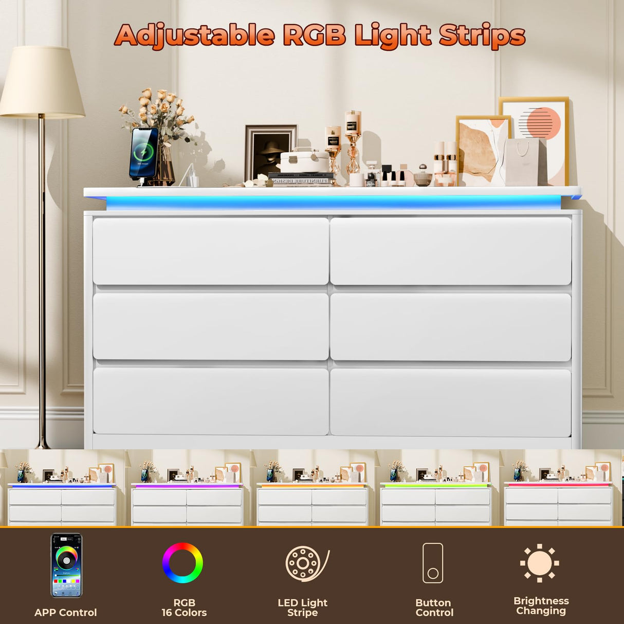 Gyfimoie 6 Drawer White Dresser for Bedroom, 47.2" Long Chest of Drawers with Charging Station & LED Lights, Double Wooden Storage Cabinet Dresser for Closet,Modern TV Stand with Deep Drawers Gyfimoie