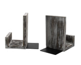 OwlGift Rustic Torched Wood L-Shaped Solid Wood Bookends, Decorative Bookends w/Black-Tone Metal Supports, Non-Skid and Sturdy to Hold Heavy Books, 1-Pair Owlgift