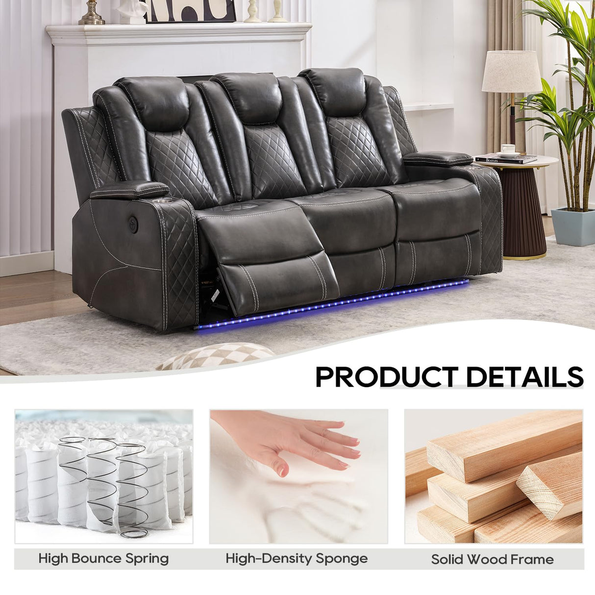 Power Reclining Sofa Couch with Wireless Charger, 3 Seaters with Recliner with Reading Light, Leather Electric 3 Seat Sofa Sectional Set for Living Room, Home Theater Seating with LED Lights, Grey Comfort Stretch