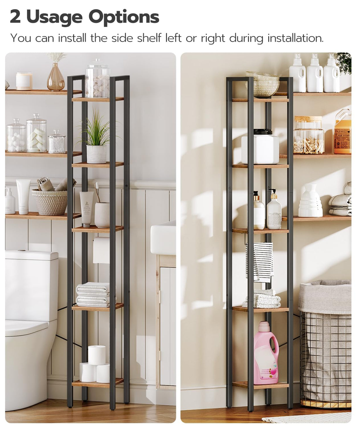 HOOBRO 8-Tier Over The Toilet Storage, Freestanding Bathroom Organizer Space Saver, Mass-Storage Side Storage Open Rack, for Bathroom, Living Room, Laundry, Rustic Brown and Black BF86TS01 HOOBRO