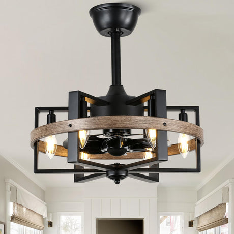Curve Curio 18 Inch 6-Lights Farmhouse Caged Ceiling Fan with Light, Retro Industrial Enclosed Rustic Ceiling Fans with Remote Control for Bedroom Living Room Curve Curio