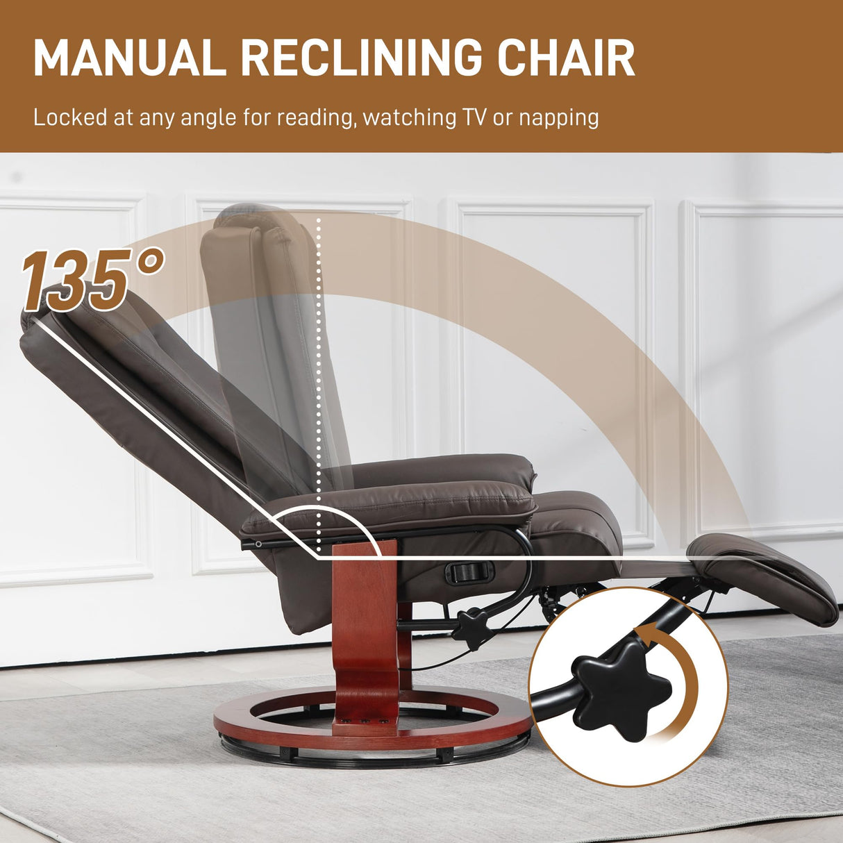 HOMCOM Manual Swivel Recliner Chair, PU Leather Reclining Chair with Footrest for Living Room, Brown HOMCOM