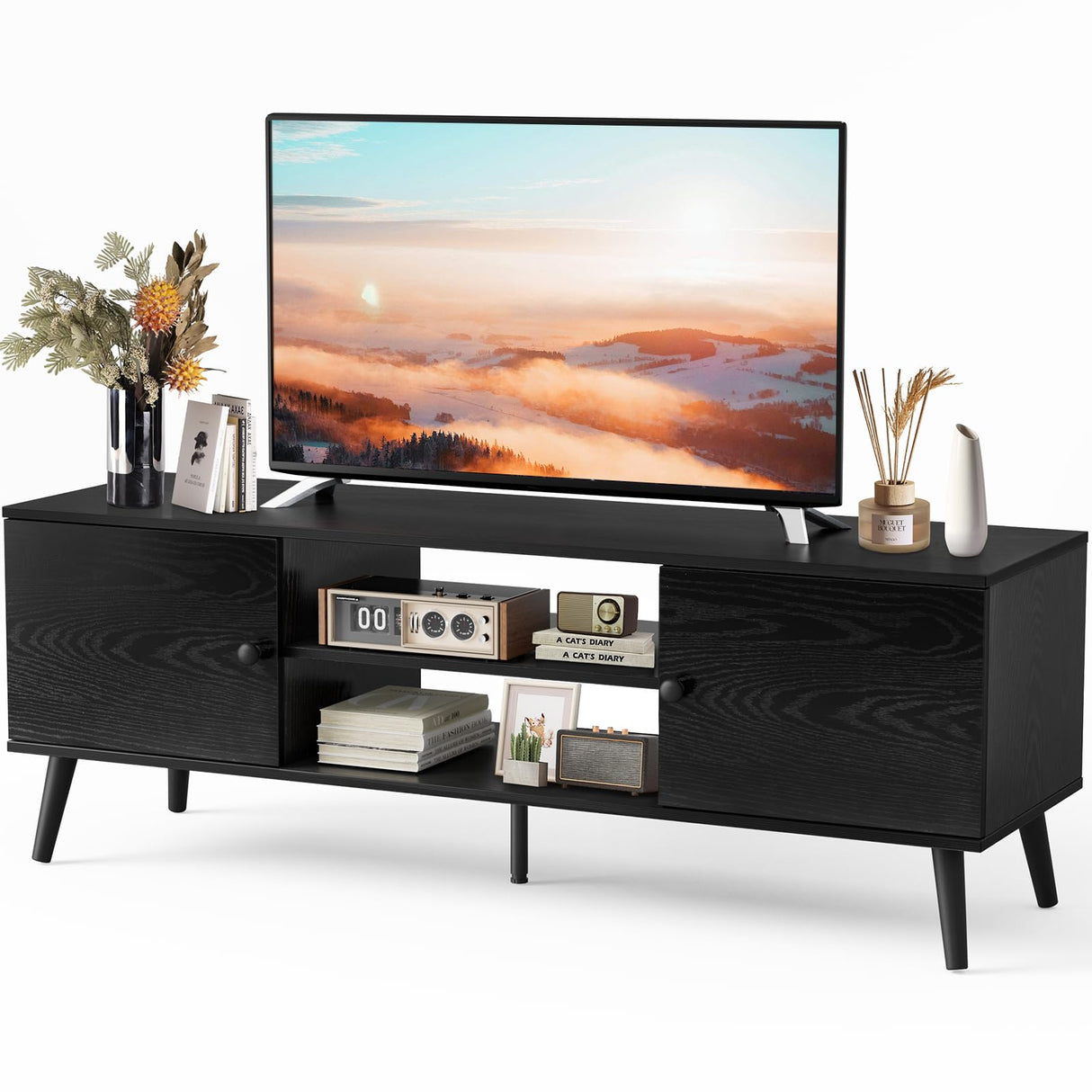 Sweetcrispy TV Stand for 55 60 inch TV, Modern Mid Century Entertainment Center with Storage, Media Console Table 2 Cabinet, Soft Hinge, Handle Door, Wooden Living Room, Office Furniture, Black Sweetcrispy
