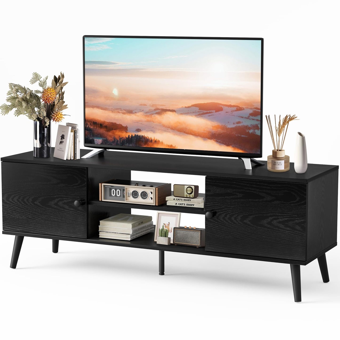 Sweetcrispy TV Stand for 55 60 inch TV, Modern Mid Century Entertainment Center with Storage, Media Console Table 2 Cabinet, Soft Hinge, Handle Door, Wooden Living Room, Office Furniture, Black