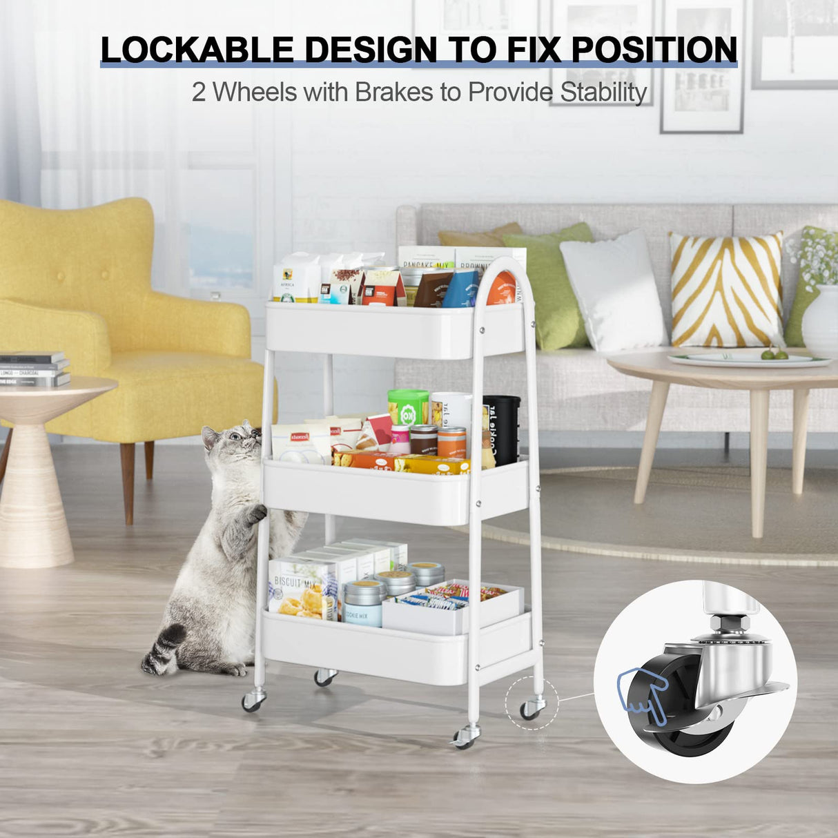 EAGMAK 3 Tier Utility Rolling Cart, Metal Storage Cart with Handle and Lockable Wheels, Multifunctional Storage Organizer Trolley with Mesh Baskets for Kitchen, Living Room, Office, Garage (White) EAGMAK