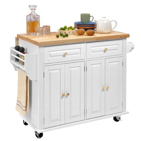 Finnhomy Rolling Kitchen Island With Drop Leaf, Thicken Rubberwood Top, Spice Rack, Towel Rack, Drawer, 43.3" Portable Mobile Kitchen Island Carts Table, Storage Cabinet, Both Wheels and Feet Included Finnhomy