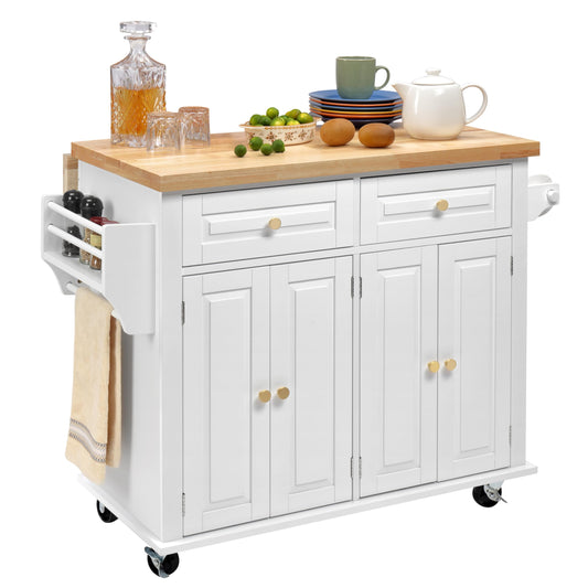 Finnhomy Rolling Kitchen Island With Drop Leaf, Thicken Rubberwood Top, Spice Rack, Towel Rack, Drawer, 43.3" Portable Mobile Kitchen Island Carts Table, Storage Cabinet, Both Wheels and Feet Included