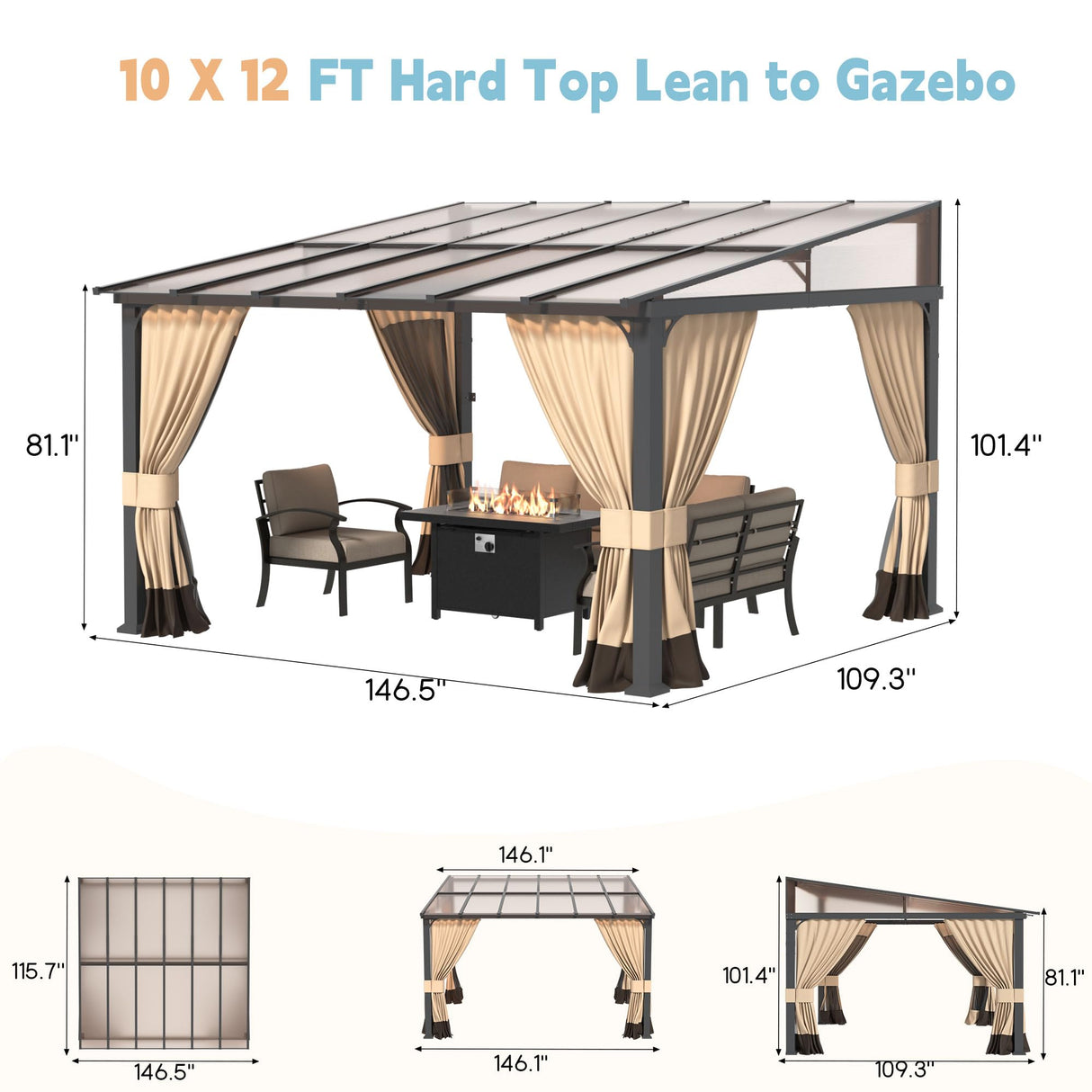 RTDTD 10' x 12' Gazebo，Hard Top Lean to Gazebo Wall Mount Heavy Hardtop Gazebo Outdoor Pergola with Curtains and Netting for Patio Garden Lawn Backyard Deck (Brown) RTDTD