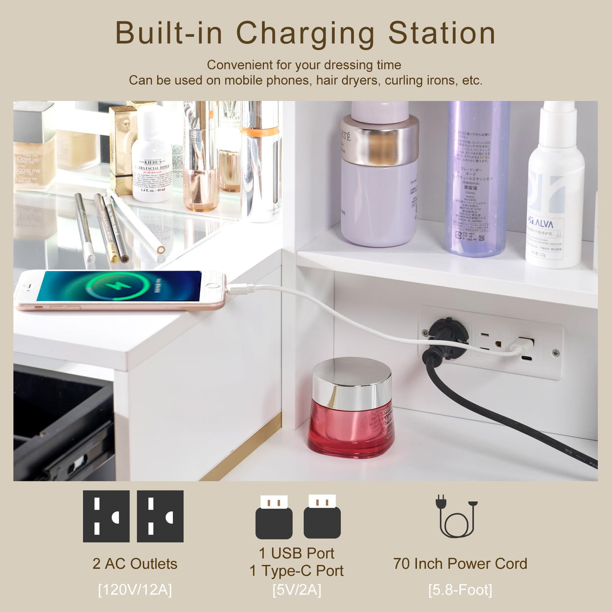 LUXOAK 54" Tall Vanity Desk with 35" W x 24" H Large Mirror and Lights, Large Makeup Vanity Table with 5 Drawers, 3 Shelves and Charging Station, Glass Top Desk for Dressing Room, Bedroom, White LUXOAK