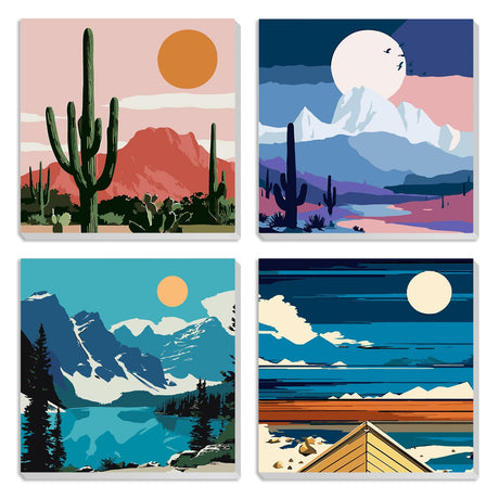 MXJSUA 4 Pack Moon Mountain Lake Paint by Numbers Kit with Framed Canvas for Ages 6-12 Kids, Paint by Numbers Kits for Children Beginners, Acrylic Oil Painting for Home Wall Decor Gift (8x8 inch) MXJSUA