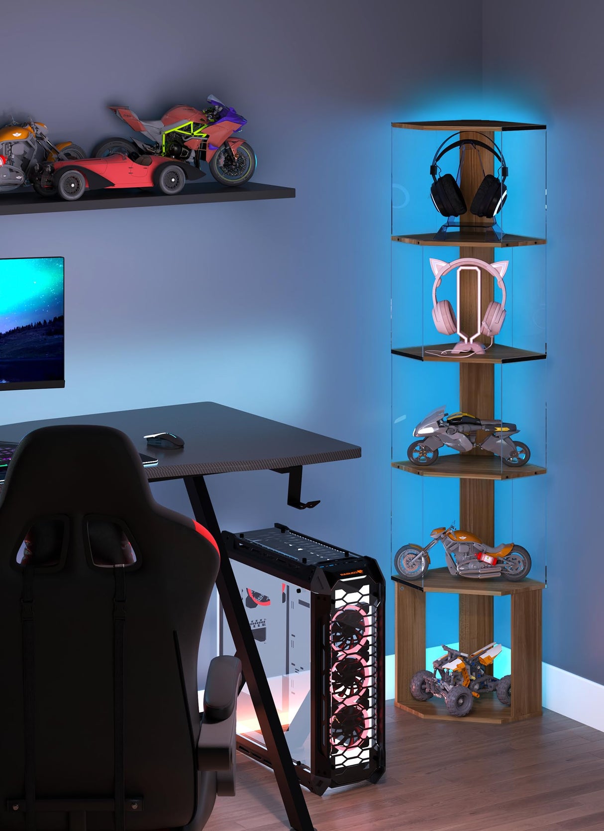 Quikraen 6 Tier Corner Display Rack with Light Clear Arylic Corner Shelves 63in Tall Cabinet with Dimmable LED Light for Display Curio Cabinet Quikraen