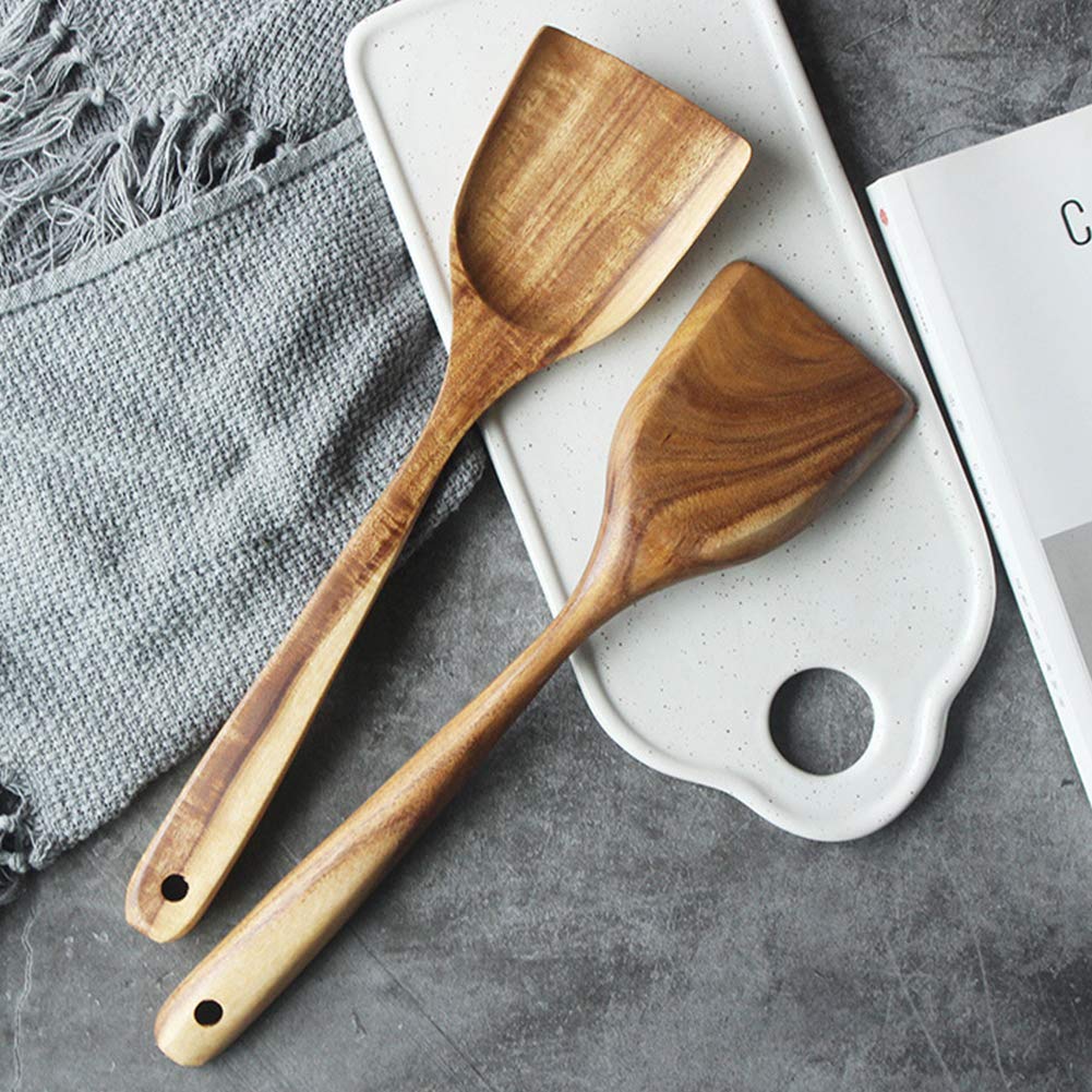 FJNATINH Large Wooden Wok Spatula, 13 Inch Natural Teak Long Handle Turner Coated Natural Resin, Handmade for Non-stick Cookware FJNATINH
