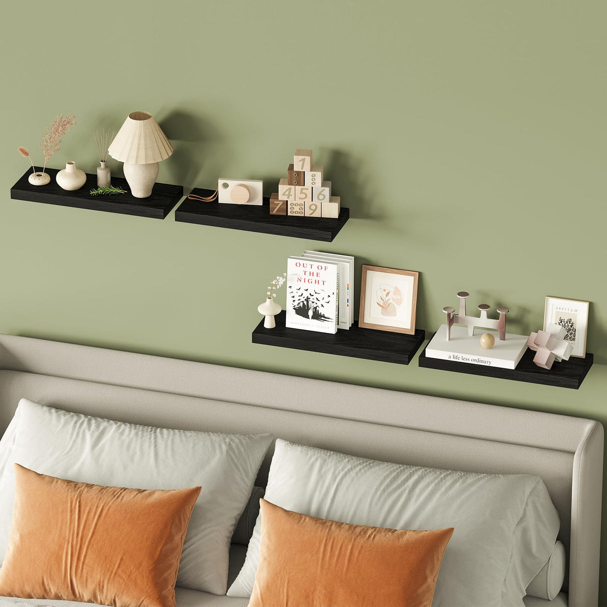 Fixwal Floating Shelves for Wall, Wall Mounted Rustic Wood Shelves for Bathroom, Living Room, Bedroom and Kitchen, Wall Shelves for Storage,Books,Room Decor (Black, Set of 4, 15.8 Inch) Fixwal