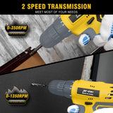 Jar-Owl 21V Cordless Drill Set, 0-1350RMP Variable Speed,350 in-lb Torque,10MM 3/8'' Keyless Chuck, 18+1 Clutch, 1.5Ah Li-Ion Battery & Charger for Home Tool Kit - Black & Yellow jar-owl