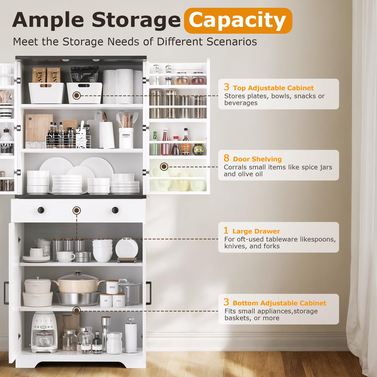Teekyooly 72" Tall Farmhouse Kitchen Pantry Cabinet, Large Storage Cabinet with 6 Adjustable Shelves, 4 Barn Doors & Drawer for Bathroom, Dining Room, Off White Teekyooly