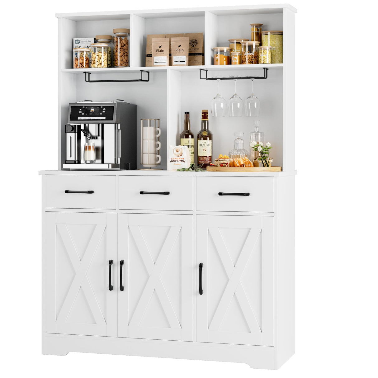 HOSTACK Buffet Cabinet with Hutch, Modern Farmhouse Kitchen Buffet Sideboard Storage Cabinet with 3 Drawers, Barn Door Coffee Bar Station, Liquor Cabinet for Dining Room, Living Room, White HOSTACK