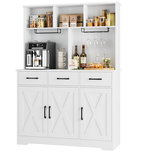 HOSTACK Buffet Cabinet with Hutch, Modern Farmhouse Kitchen Buffet Sideboard Storage Cabinet with 3 Drawers, Barn Door Coffee Bar Station, Liquor Cabinet for Dining Room, Living Room, White - WoodArtSupply