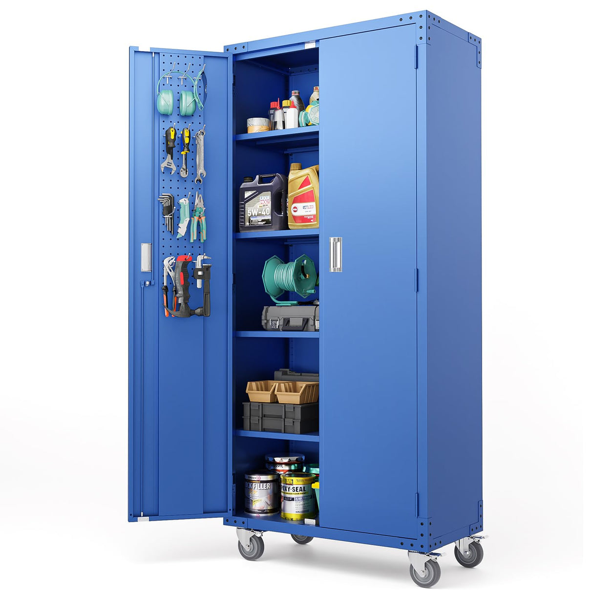 VINGLI 72'' Tall Garage Storage Cabinet, Metal Storage Cabinet with Pegboards, Wheels, Locking Doors and Adjustable Shelves (Blue, 32''W x 16''D x 72''H) VINGLI