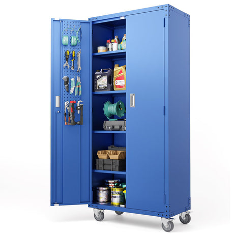 VINGLI 72'' Tall Garage Storage Cabinet, Metal Storage Cabinet with Pegboards, Wheels, Locking Doors and Adjustable Shelves (Blue, 32''W x 16''D x 72''H) VINGLI