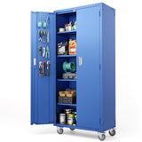 VINGLI 72'' Tall Metal Garage Storage Cabinet with Pegboards, Wheels, Locking Doors and Adjustable Shelves, File Cabinet/Tool Cabinet for Home Office/School (Blue, 32W x 16D x 72H) VINGLI