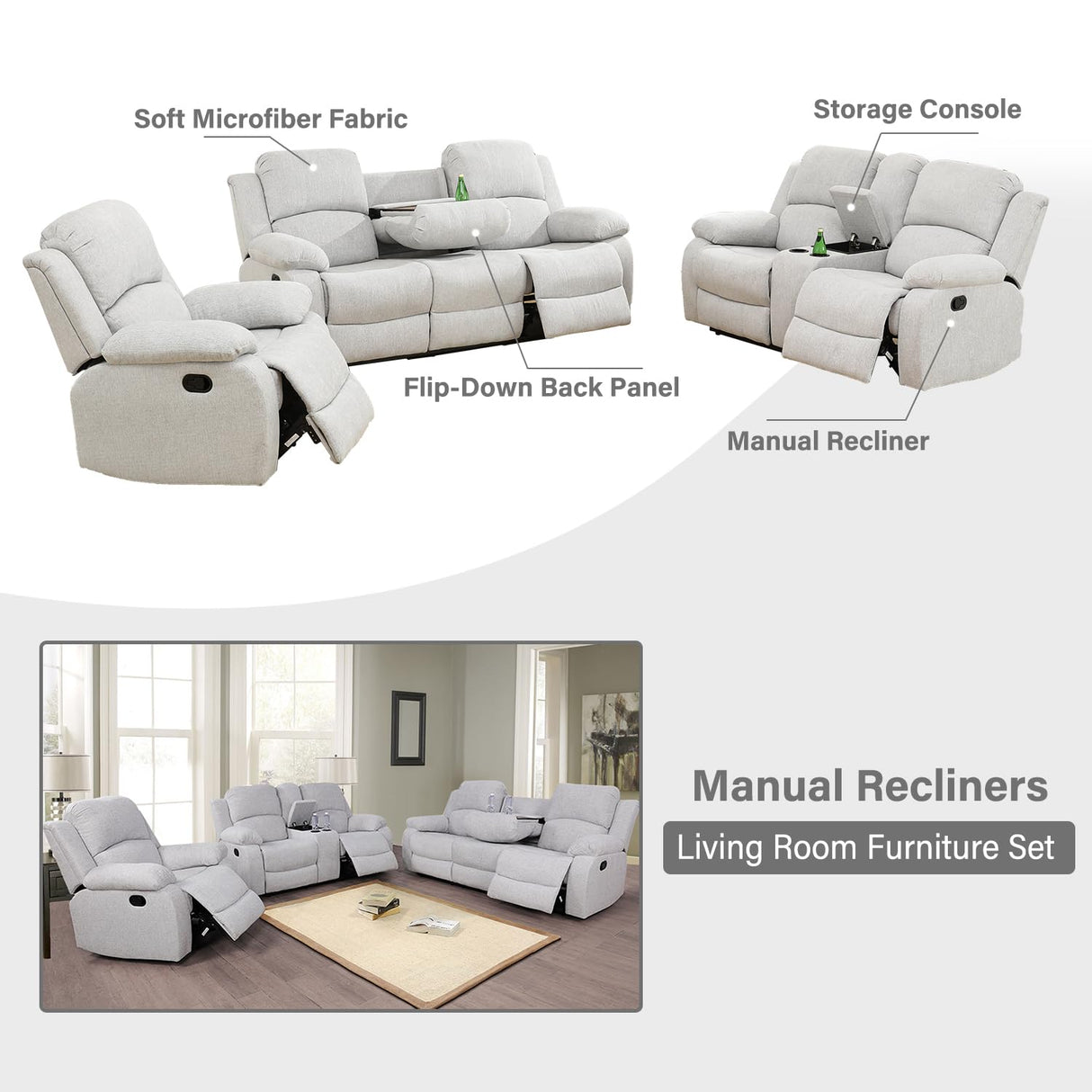 GEBADOL Manual Recliner Sofa Set, 3 Pieces Reclining Sofa Loveseat with Chair, Grey White Microfiber Recliner Couch Set for Living Room GEBADOL