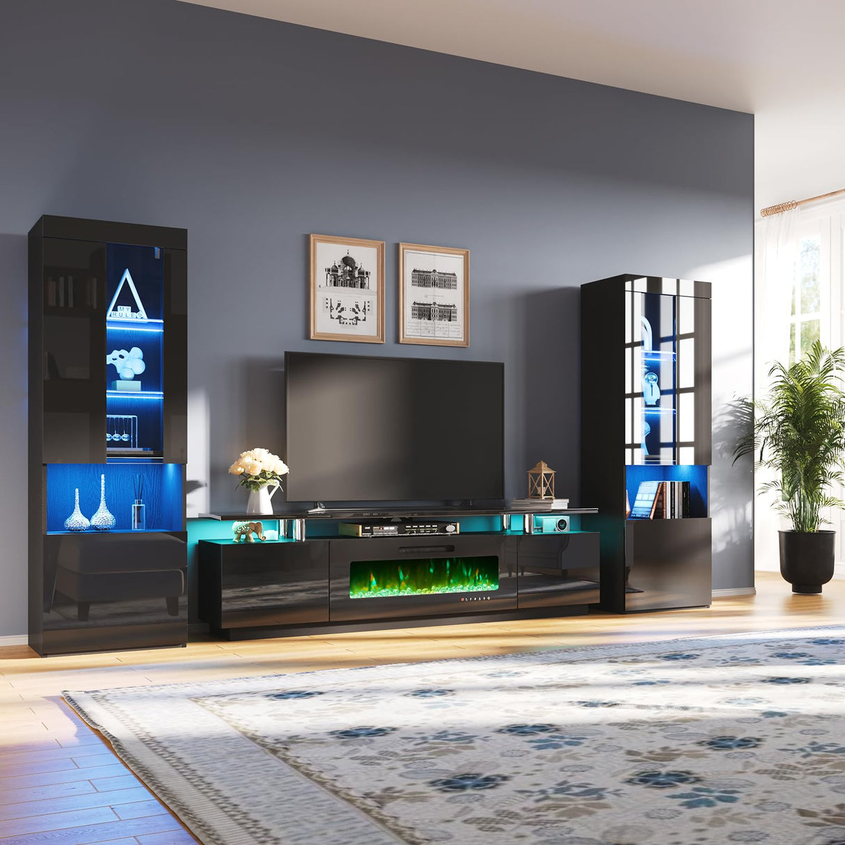 AMERLIFE Entertainment Center with Fireplace and Bookcases, Includes 80" 2-Tier Fireplace TV Stand with 40" Fireplace, 2 x High Gloss Bookshelves with LED Lights & Glass Doors, Obsidian Black AMERLIFE