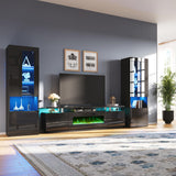 AMERLIFE Entertainment Center with Fireplace and Bookcases, Includes 80" 2-Tier Fireplace TV Stand with 40" Fireplace, 2 x High Gloss Bookshelves with LED Lights & Glass Doors, Obsidian Black AMERLIFE