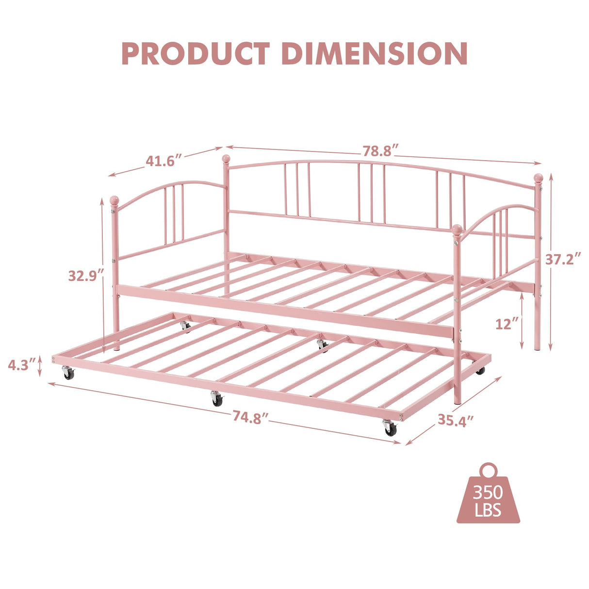 IDEALHOUSE Twin Daybed with Trundle, Metal Twin Size Daybed with Pullout Trundle 6 Casters, Steel Slat Support Sofa Bed for Living Room, Bedroom, Guest Room (Black/White/Pink/Purple) IDEALHOUSE