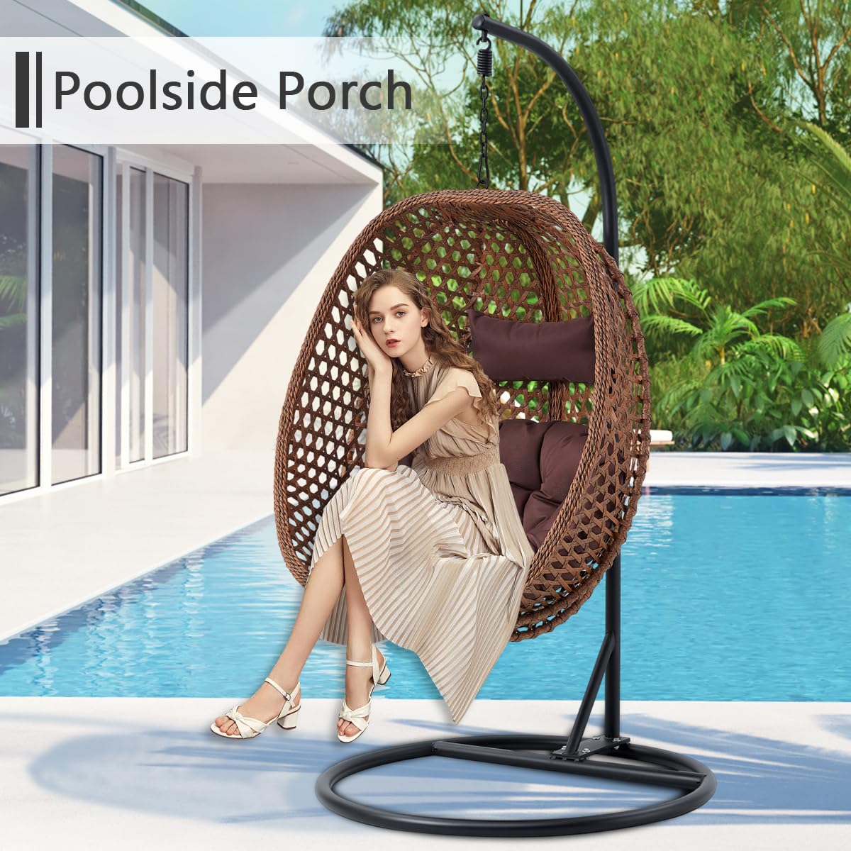 JUFU Egg Swing Chair with Stand,Hanging Egg Chair Indoor Outdoor,Hammock Hanging Basket Chair with Aluminum Steel Frame，Patio Egg Chair with Removable Cushions for Patio Balcony Backyard,Bedrooms JUFU