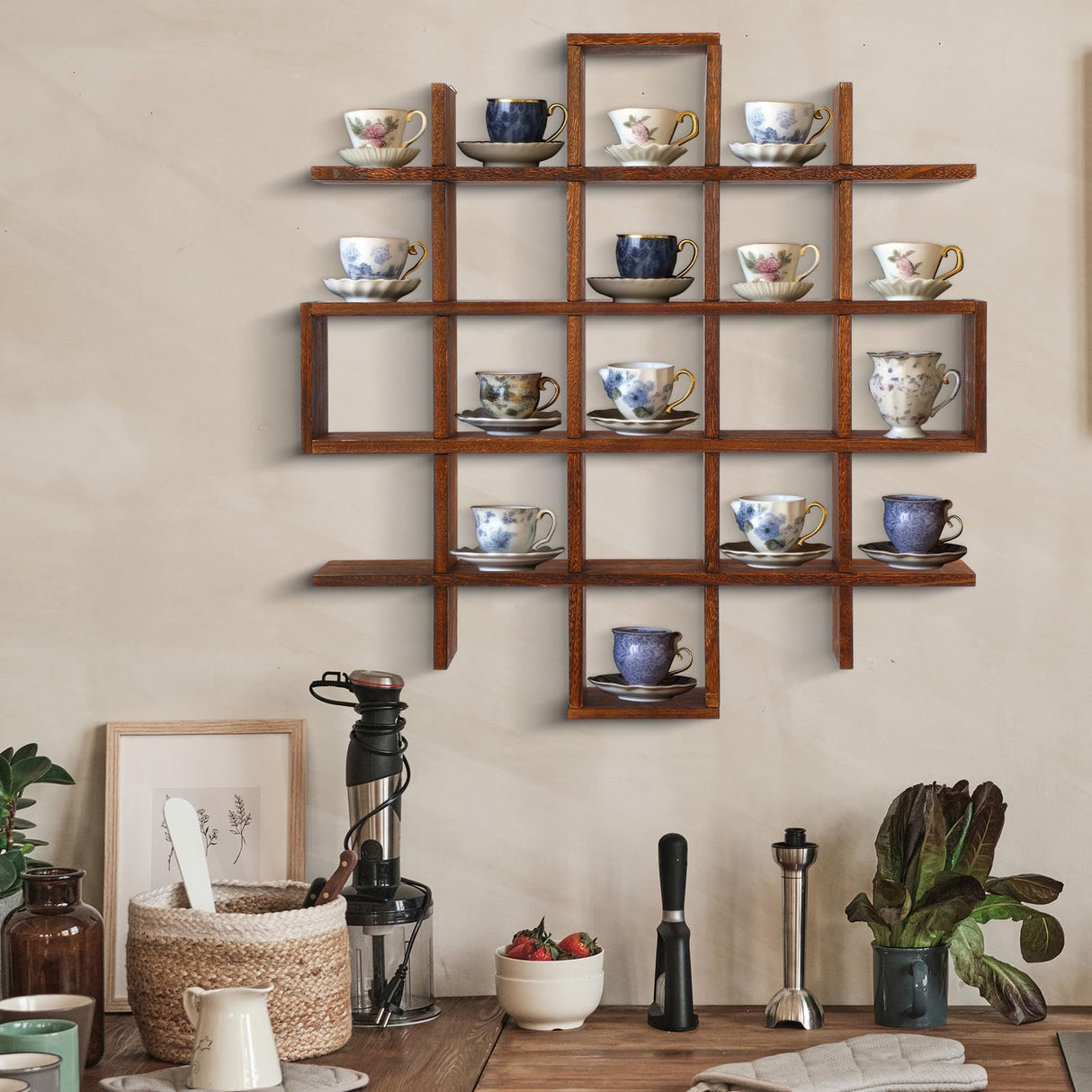 Suzile Oversize Tea Cup and Saucer Display Rack Rustic Brown Wooden Display Shelves Rustic Wooden Floating Curio Shelf Travel Wall Mounted Tea Cup and Saucer Rack Holder Shadow Box Shelf Suzile