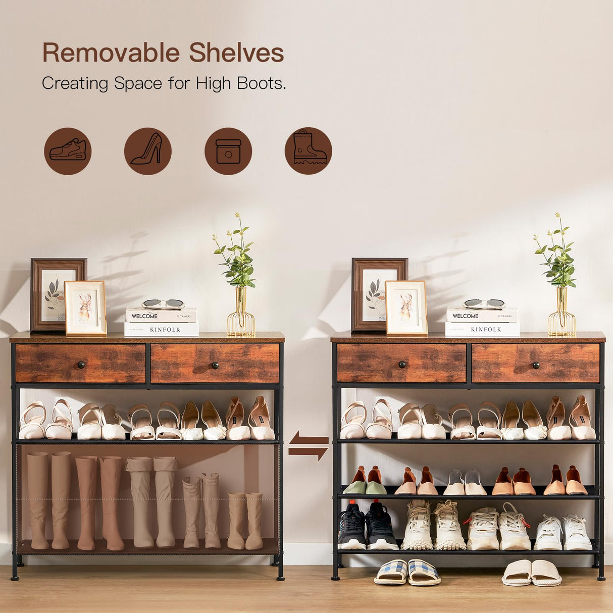 usikey Shoe Rack, 4 Tier Shoe Storage Organizer with 2 Drawers, Metal Shoe Shelf for 12-15 Pairs of Shoes, with 3 Fabric Shelves and Wooden Top, Shoe Stand for Closet Entryway, Rustic Brown usikey