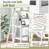 KOTEK Twin Loft Bed with Desk & Storage Shelves, Solid Wood Loft Bed Frame with Bookcase, Ladder, Guardrails, Twin Size Loft Bed for Kids, Teens, Drom, Apartment (White) KOTEK