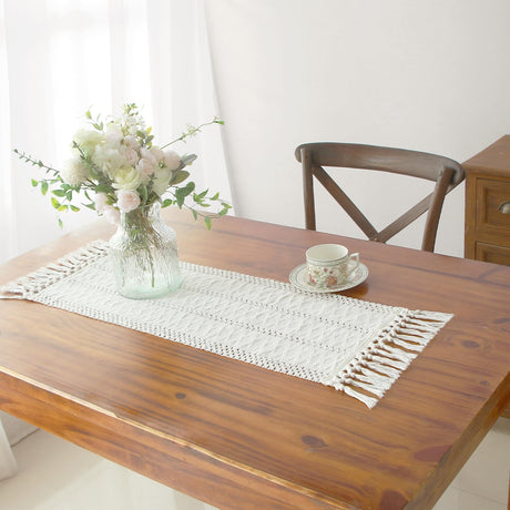 FEXIA Boho Macrame Table Runner with Tassels 36 Inches Long Cream for Farmhouse Home Decor Bohemian Dining Bedroom Decor Rustic Bridal Shower (12x36 Inches) FEXIA