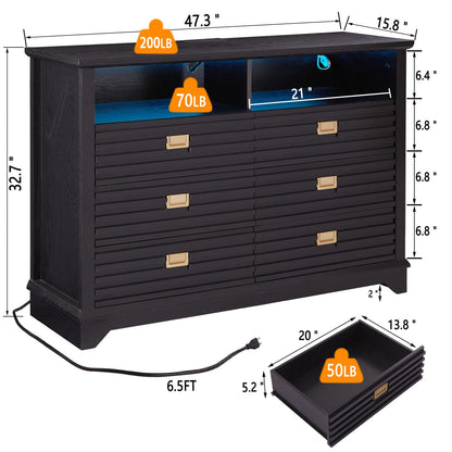 LIDYUK Dresser for Bedroom, 6 Drawers Wood Dresser with Charging Station, Farmhouse Vintage Wooden Dresser with LED Lights, Wide Low Chest of Drawers for Bedroom, Living Room, Black - WoodArtSupply