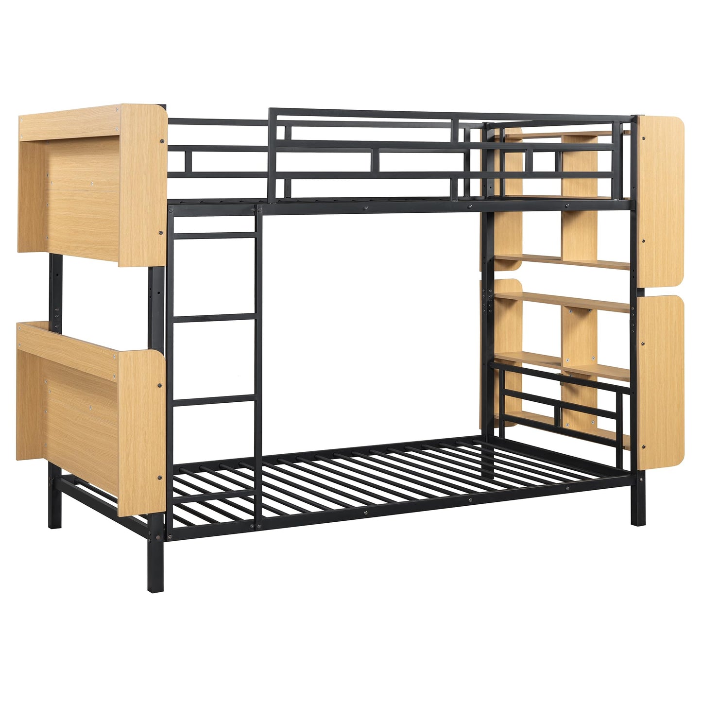 YOPTO Twin Over Twin Size Metal Bunk Bed with Ladder and Full-Length Guardrail,Modern Bunkbeds W/Storage Headboard and Foot Shelving,No Box Spring Needed,2 Assembly Options,for Teens,Bedroom,Black