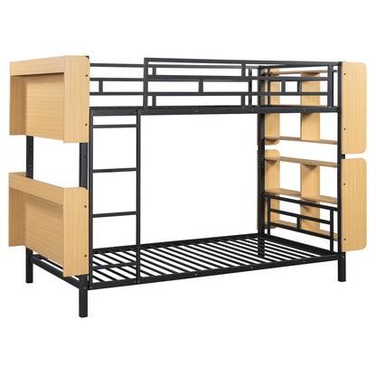 YOPTO Twin Over Twin Size Metal Bunk Bed with Ladder and Full-Length Guardrail,Modern Bunkbeds W/Storage Headboard and Foot Shelving,No Box Spring Needed,2 Assembly Options,for Teens,Bedroom,Black