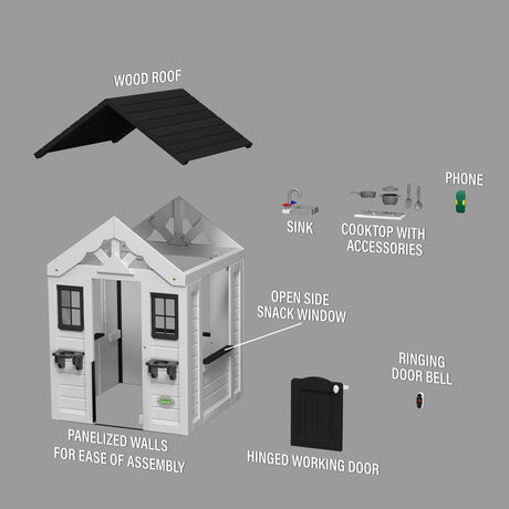 Backyard Discovery Sweetwater All Cedar White Modern Outdoor Wooden Playhouse, Cottage, Sink, Stove, Windows, Kitchen with Pot and Pans and Utensils, Flowerpot Holders, Working Doorbell, Ages 2-6 Backyard Discovery