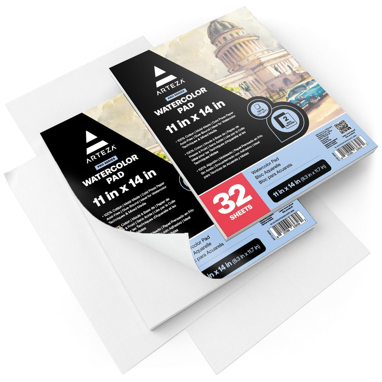 ARTEZA Watercolor Paper, Pack of 2, 32 Sheets Each, 11x14 Inches Watercolor Sketchbook, 140lb/300gsm, Cold Press, Acid Free Art Paper ARTEZA