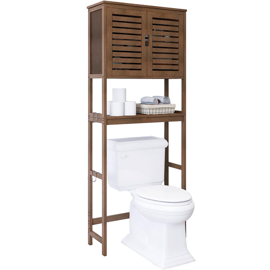 SMIBUY Bathroom Storage Shelf with Cabinet, Bamboo Over-The-Toilet Organizer Rack, Freestanding Toilet Space Saver with 3-Tier Adjustable Shelves (Walnut)