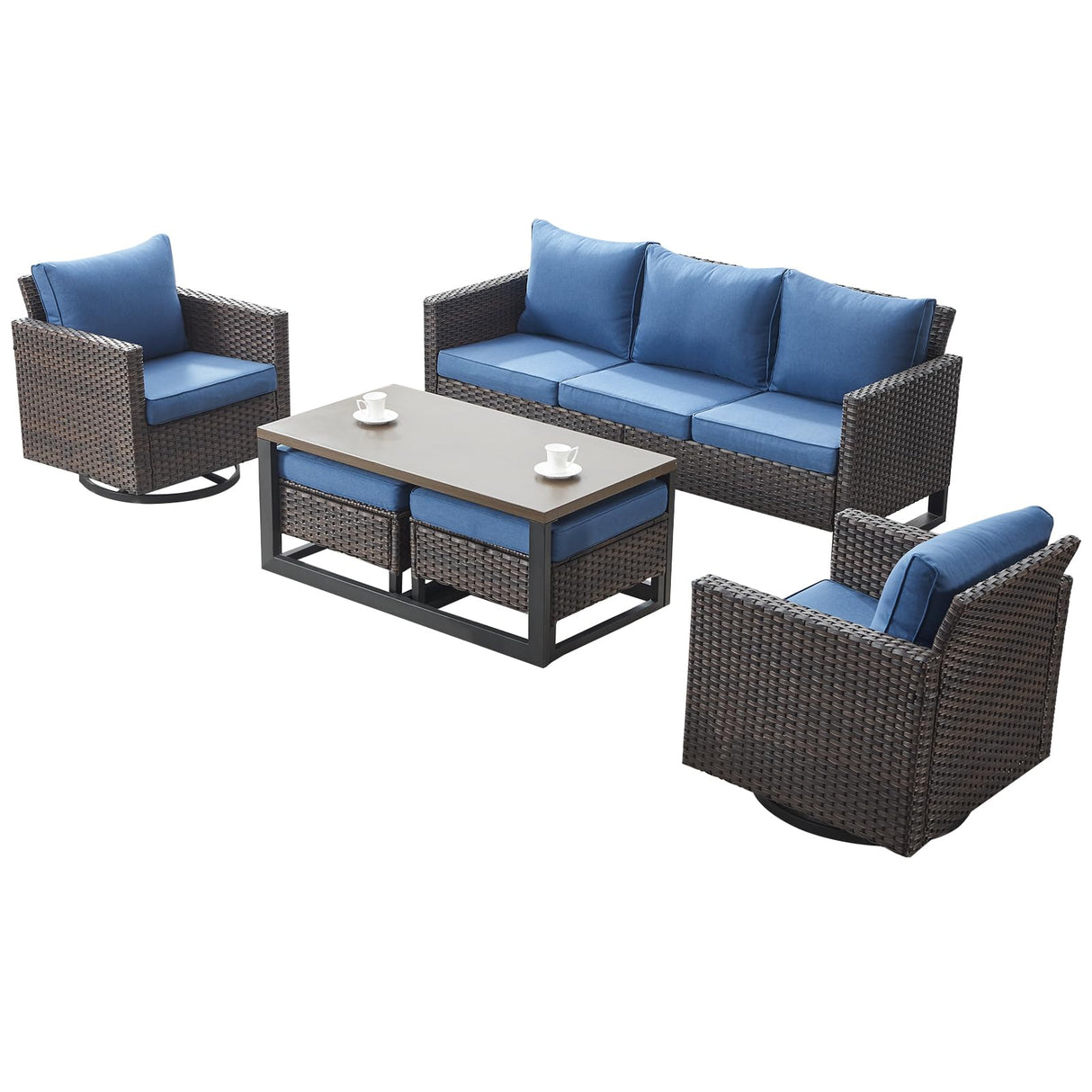 Rilyson Patio Furniture Swivel Chiars Set - 6 Piece Wicker Outdoor Patio Conversation Set with Rattan Rocking Glider Chair,Ottoman Sofa and Coffee Table for Porch Deck Garden(Brown/Blue) Rilyson