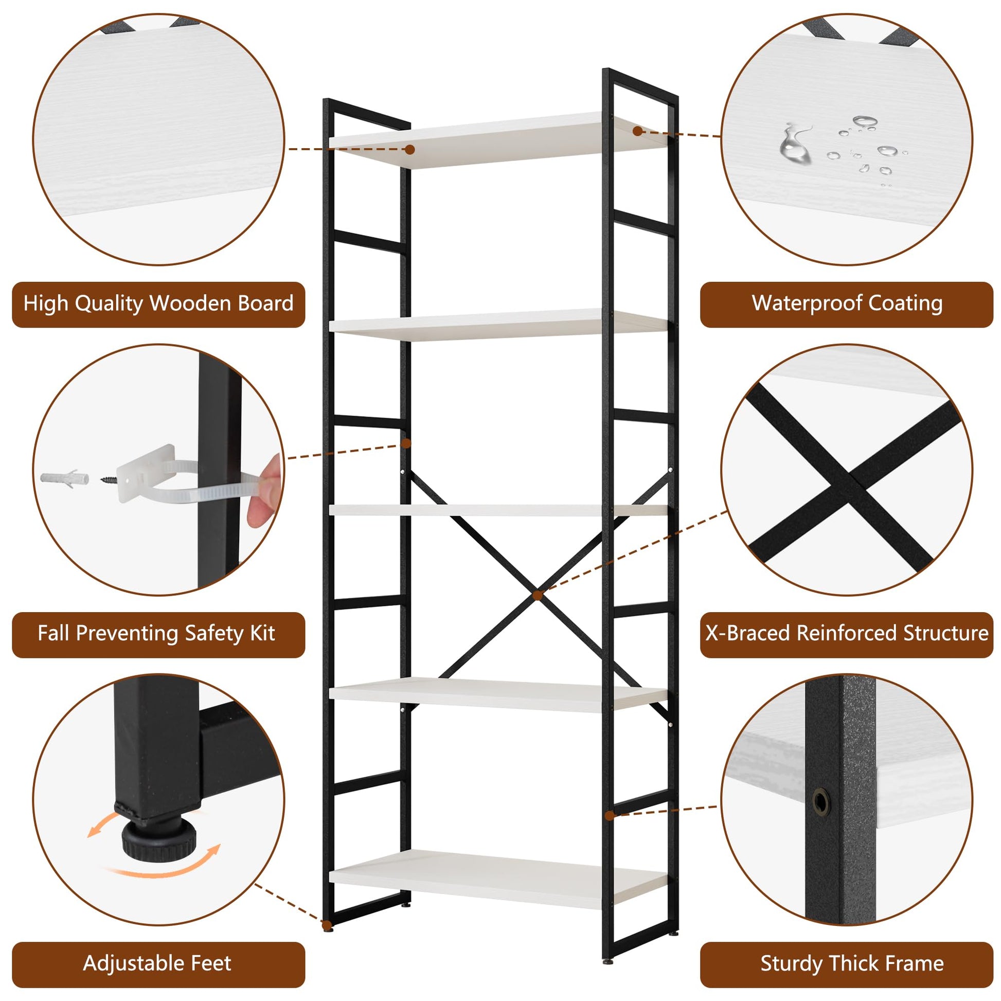 Shintenchi 5-Tier Industrial Bookshelf - Elegant White Bookcase for Living Room, Bedroom, or Office - WoodArtSupply