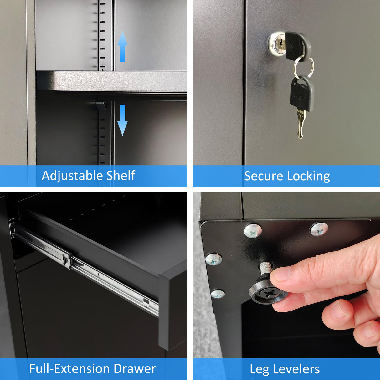 JINGUR Metal Storage Cabinet with Locking Doors and 2 Drawers, Lockable Storage Cabinets with Adjustable Shelf for Home Office and Garage (Black) JINGUR