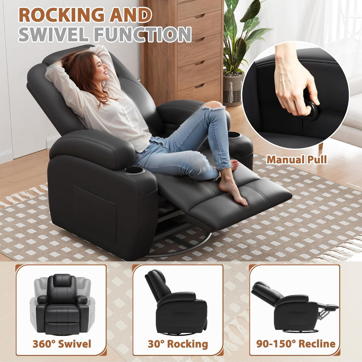 Flamaker Swivel Rocker Recliner Chair with Vibration Massage, 360° Swivel Recliner Chairs for Adults Ergonomic Lounge Chair with Cup Holders Lazy Boy Recliner Single Sofa Seat (Leather, Black) Flamaker
